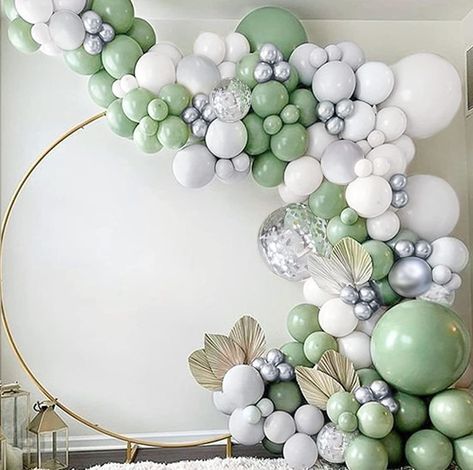 "This Premium Sage Green and Silver Balloon Arch for Weddings set is mainly Silver and Sage Green with Giant Silver Confetti balloons to create an unforgettable event scene, suitable for a variety of events and scenes: birthdays, weddings, engagements, Valentine's Day, baby showers, bachelor parties, hen parties, graduation celebrations, bridal showers, anniversaries, etc. Balloon Arch Kit includes: 10pcs 5inch Metallic Silver Balloons 15pcs 5inch Sage Green Balloons 15pcs 5inch White Balloons 2 Green White Silver Balloon Arch, Sage Green And White Birthday Decor, Green And Silver Balloon Garland, Sage And Silver Wedding, Sage Green And Silver Wedding, Sage Green Desserts, Sage Green Birthday Decor, Sage Green Balloon Arch, Green And Silver Wedding