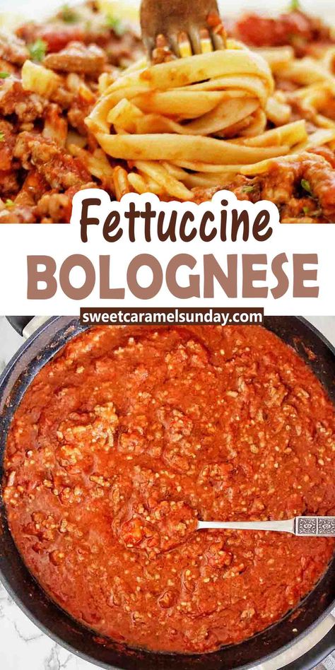 Fork being twirled in fettuccine bolognese with black pan of the same underneath. Text indicating 'fettuccine bolognese' between 2 images. Fettuccine With Meat Sauce, Beef Fettuccine, Fettuccine Bolognese, Easy Spaghetti Bolognese, Cold Pasta Dishes, Ground Beef Pasta Recipes, Fettuccine Recipes, Favorite Pasta Recipes, Creamy Pasta Recipes