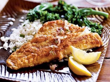 Striped Bass Meunière Striped Bass Recipe, Shrimp Patties, White Fish Recipes, Halibut Recipes, Yummy Seafood, Grilled Seafood, Striped Bass, White Fish, Cooking Light