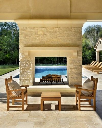 See-through fireplace frames the pool.  How cool is that? Side Fireplace, Outdoor Stone Fireplaces, Outdoor Fireplace Designs, Contemporary Patio, Patio Fireplace, Side Deck, Outdoor Stone, Pool Side, Backyard Living