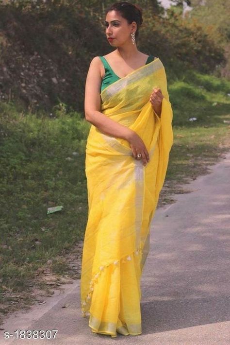 Yellow Saree With Green Blouse, Plain Yellow Saree, Colorful Saree, Plain Yellow, Buy Designer Sarees Online, Saree Blouse Styles, Kota Silk Saree, Kajal Agarwal, Yellow Saree