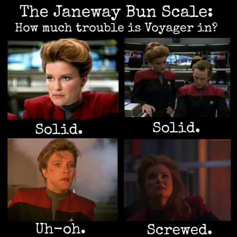 Star Trek: Voyager This week's episode...."she's come unbunned!" Captain Janeway, Buns Of Steel, Star Trek Funny, Star Trek Tv, Star Trek Characters, Star Trek Voyager, Star Trek Enterprise, Star Trek Universe, Across The Universe