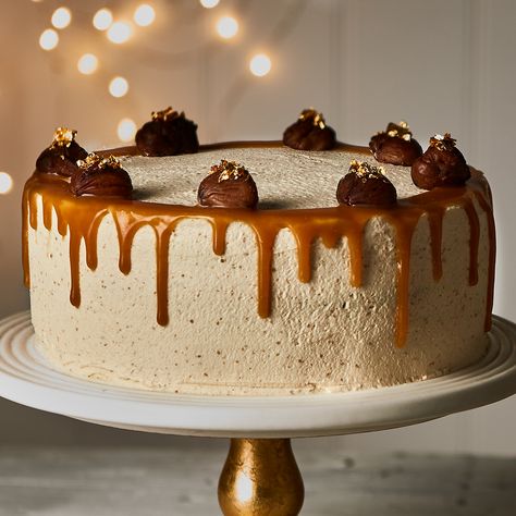 Maple Layer Cake with Chestnut Cream Recipe | Recipes from Ocado Edd Kimber, Mini Meringues, Chestnut Cream, Edible Gold Leaf, Roasted Chestnuts, Charcuterie Platter, Edible Gold, Caramel Cake, Cake Tins