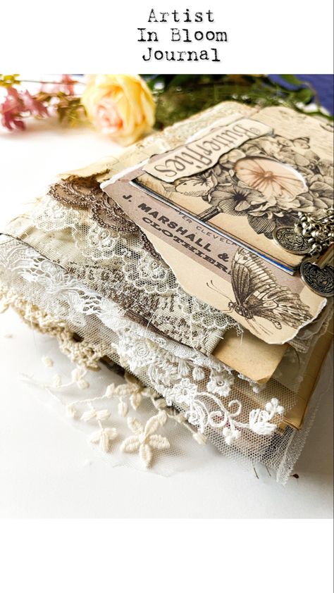 Amity Bloom, 2023 Journal, Repurposed Junk, Handcrafted Journals, French Country Christmas, Journal Diy, Lace Crafts, My Journal, Dream Journal