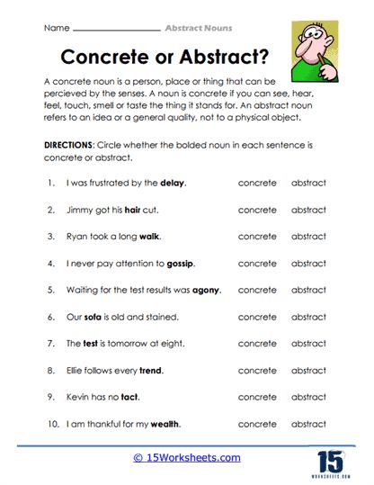 Concrete or Abstract Worksheet - 15 Worksheets.com Parts Of Speech Poem, Concrete And Abstract Nouns, Personal Pronouns Worksheets, Plurals Worksheets, Concrete Nouns, Conjunctions Worksheet, Teaching Weather, Nouns Activities, Abstract Nouns