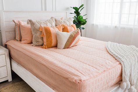 Formerly known as Boho Rainbow, this Beddy's is still the same and may come in packaging with either name for a short period of time.  Minky option: Exterior peach-colored fabric is 100% cotton, interior peach minky is 100% polyester and ombre peach interior base sheet is 100% cotton.  All Cotton option: Exterior peach Zip Bedding, Beddys Bedding, Boho Girls Room, Peach Bedding, Bed For Girls Room, Shared Girls Room, Euro Pillow Covers, Zipper Bedding, Boho Bedding