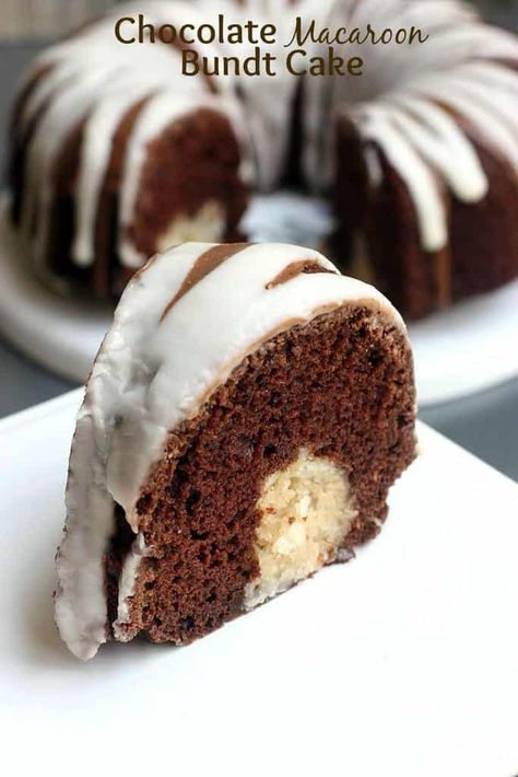 Chocolate macaroon bundt cake is filled with coconut macaroon filling and topped with a delicious chocolate and vanilla glaze! Bundt Cake Recipes Chocolate, Tunnel Cake, Bundt Cake Mix, Macaroon Filling, Bunt Cake Recipe, Chocolate Macaroon, Macaroon Cake, Chocolate Macaroons, Devils Food Cake Mix Recipe