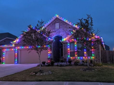 Color Outdoor Christmas Lights, Colored Exterior Christmas Lights, Multi Colored Outdoor Christmas Lights, Rainbow Christmas Lights Outdoor, Colorful Outside Christmas Lights, Mixing White And Colored Christmas Lights Outside, Multicolor Outdoor Christmas Lights, Christmas Lights Outside Colored, Color Christmas Lights Outdoor