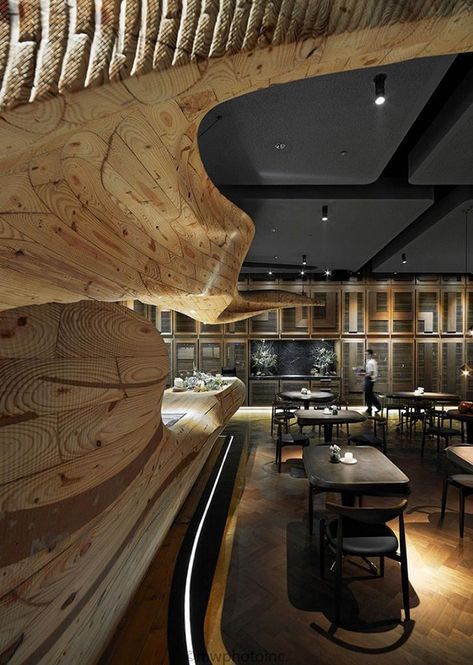 Raw Restaurant Taipei designed by Weijenberg for Chef André Chiang Raw Restaurant, Wooden Path, Small Craft Rooms, Curved Wood, Private Club, Drawer Design, Healthy Living Tips, Lounge Areas, Taipei