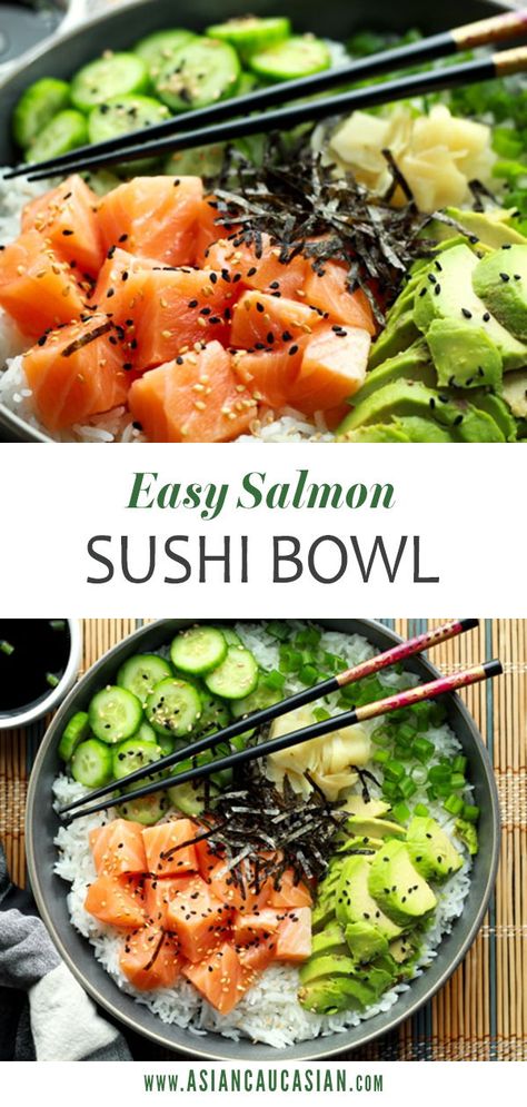 This healthy, no-fuss Salmon Sushi Bowl recipe will satisfy all of your sushi cravings without having to go out! Comes together in just 10 minutes! #healthy #recipe #easy #salmon #sushi Salmon Sushi Bowl, Sushi Bowl Recipe, Sushi Bowls, Japanese Desserts, Sushi Bowl, Salmon Sushi, Healthy Salmon, Sushi Recipes, Food Blogs