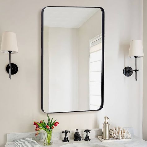 Amazon.com: ANDY STAR Wall Mirror for Bathroom, 24x36 Inch Black Bathroom Mirror, Stainless Steel Metal Frame with Rounded Corner, Rectangle Glass Panel Wall Mounted Mirror Decorative for Bathroom : Home & Kitchen Black Bathroom Mirrors, Glass Panel Wall, Black Bathroom Mirror, Black Vanity Bathroom, Matte Black Bathroom, Mirror For Bathroom, Life Color, Mirror Shapes, Rounded Rectangle