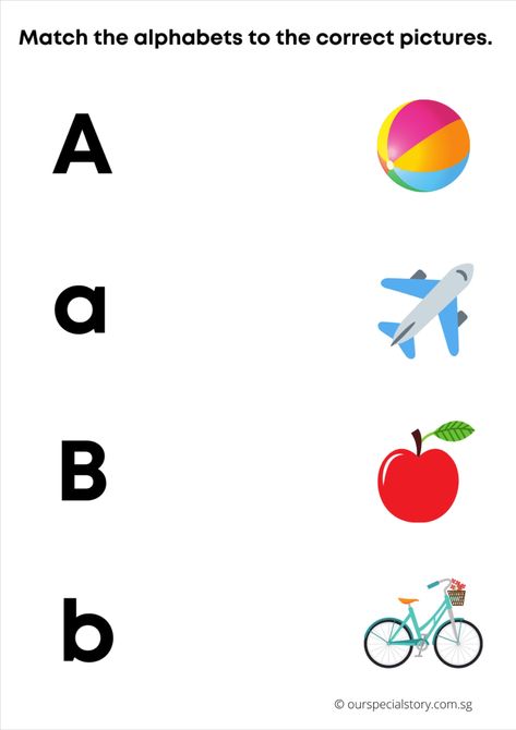 Match alphabets to pictures to practice phonics and pre-writing skills of drawing lines! Match Alphabets With Pictures, Matching Alphabets With Pictures, Alphabet Letters To Print, Letter Learning Activities, Abc Preschool, Kindergarten Word Families, Preschool Phonics, Letter Learning, Shape Tracing Worksheets