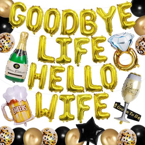 PRICES MAY VARY. Unleash the Magic: Celebrate his bachelor party in style with our goodbye life hello wife decorations! From "GOODBYE LIFE HELLO WIFE " banners to giant bottle balloon, our goodbye life hello wife decorations will transform his bachelor party into a magical wonderland he'll cherish forever. Effortless Party Planning: Planning a memorable bachelor party for men celebration has never been easier! With our all-in-one goodbye life hello wife decorations, you'll have everything you ne Mens Bachelor Party, Bachelor Party Themes, Bach Party Decorations, Funny Bachelor Party, Party Balloons Decorations, Bachelor Party Decorations, Bachelor Party Invitations, Cake Writing, Balloons Decorations