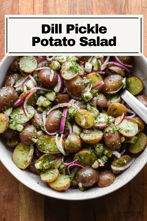 This Dill Pickle Potato Salad is everything you want from a vinaigrette-based potato salad. Tender potatoes combined with chopped crunchy dill pickles, a light vinaigrette made with pickle juice, and finished with extra fresh dill. It’s refreshing for a warm day, a perfect side dish for summer grilling, and ideal for dill pickle lovers. Potatoes And Dill, Dill Red Potato Salad, Pickled Potatoes, Potato Salad With Pickles, Dill Pickle Potato Salad Recipe, Dill Potato Salad Recipe, Dill Pickle Salad, Dill Pickle Potato Salad, Turkey Lentil Soup