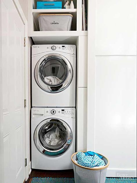 Laundry Room Stackable, Narrow Laundry, Stackable Laundry, Laundry Room Storage Shelves, Small Laundry Room Organization, Tiny Laundry Rooms, Room Storage Diy, Stackable Washer And Dryer, How To Clean Pillows