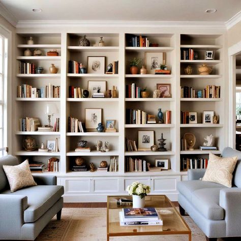 Bookcases In Family Room, Library Drawers Ideas, Built In Bookshelves Accent Color, Built In Bookcase Floor To Ceiling, Den With Built In Bookshelves, Freestanding Bookcases In Living Room, Built In Bookcase Living Room Library Wall, Bookshelves Full Wall, Basement Bookcase Wall