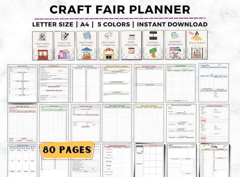 Stay Organized And Stress-free With Our Craft Show Planner And Templates, Designed To Simplify Your Craft Fair Preparations And Make Your Life Easier. This Craft Show Planner Is Available In Printable Formats, So You Can Use The Prints To Write On For Easy Daily Access. ⭐️ WHAT'S INCLUDED ✔ Available In Detailed Formats ✔ 90+  Unique Pages Covering Everything You Need ✔ 10 Craft Fair Planner Section  ✔ 5 Color Variations - Peach Pink, Blue, Light Yellow, Green, Gray, And White ✔ Large And Conven Product Pricing Worksheet, Inventory Sheet, Marketing Analysis, Budget Crafts, Marketing Planner, Craft Planner, Market Stall, Craft Show Displays, Craft Show