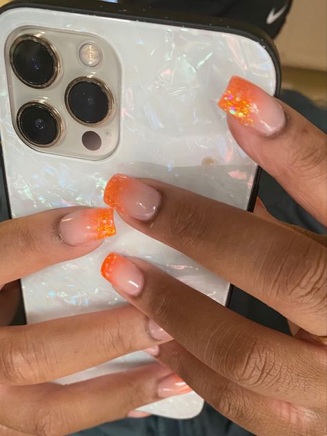 Orange Sparkle French Tip Nails, Sparkle Orange Nails, Orange Glitter Ombre Nails, Sparkly Orange Nails, Orange Sparkle Nails, Orange Glitter Nails, Acrylic Ombre, Short Summer Nails, Bubble Nails