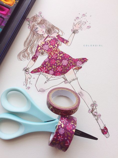 Washi Tape Fashion Illustration, Washi Tape Art Drawing, Wash Tape, Fashion Illustration Portfolio, Tape Art, Anime Artwork, Sketchbook Art Inspiration, Creative Fashion, Fashion Drawing