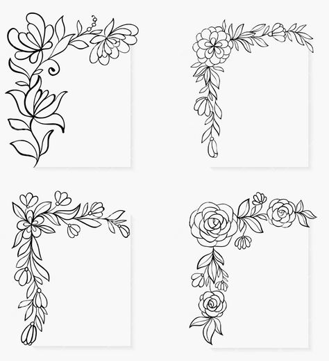 Natural Design Drawing Flower, Calligraphy Flowers Border, Border Design With Black Pen, Floral Boarder Drawing, Corner Flowers Drawing, Floral Banner Design, Flower Boarders Designs, Floral Design Drawing Border, Floral Border Design Drawing