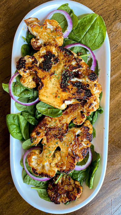 Miso Glazed Cauliflower, Green Cauliflower Recipes, Vegan Fried Fish, Vegan Spinach Dip, Cauliflower Steaks Recipes, Vegan Meat Recipe, Miso Recipe, Roasted Cauliflower Steaks, Whole30 Dinner Recipes