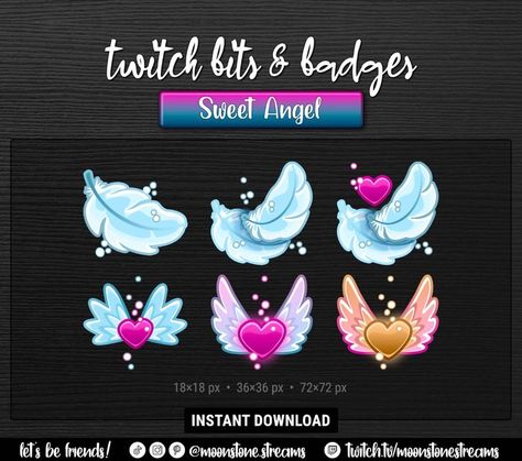 Download these adorable Sweet Angel Wing Bits & Badges to personalize your Twitch channel. These super cute and digitally hand-drawn badges are the perfect element to make your livestream stand out! ☁️💗☁️ Horned Angel, Stream Aesthetic, Twitch Bits, Badge Ideas, Magical Girl Aesthetic, Gif Background, Pastel Kawaii, Twitch Channel, Sakura Cherry Blossom