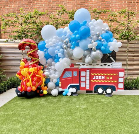 Josh’s Fire Truck | CatchMyParty.com Fire Engine Birthday Party, Fireman Sam Birthday Party, Truck Party Decorations, Fire Engine Birthday, Truck Birthday Cakes, Firetruck Birthday Party, Fire Truck Party, Fireman Birthday, Firefighter Party