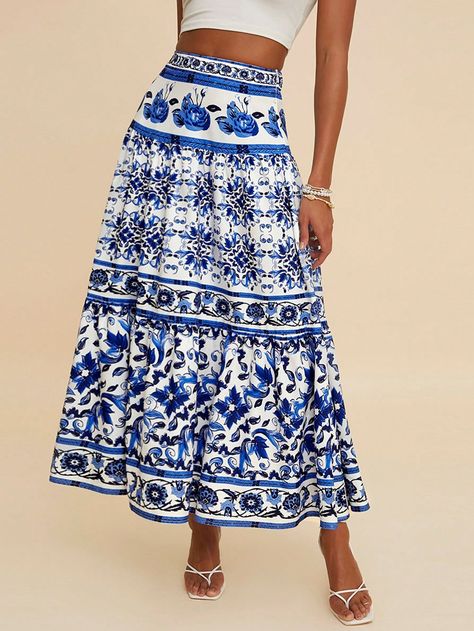 Women's Blue & White Flower Printed High Waist Loose Elegant Maxi Skirt For Vacation,Fall Women Clothes,Fall Women Skirts Blue and White Boho   Woven Fabric Floral,Tribal,All Over Print Layered/Tiered Non-Stretch  Women Clothing, size features are:Bust: ,Length: ,Sleeve Length: Elegant Maxi Skirt, Floral Azul, Clothes Fall, Skirts Blue, Effortless Hairstyles, Claw Hair Clips, Fairy Fashion, Women Skirts, Casual Stripes