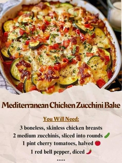 Mediterranean Zucchini Chicken Bake, Mediterranean Chicken Zucchini Bake, Chicken Zucchini Recipes, Chicken Zucchini Bake, Chicken Zucchini Casserole, Zucchini Bake, Recipes Mediterranean, Zucchini Feta, Creamy Feta