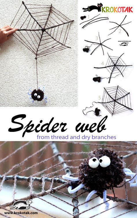 Spider web from thread and dry branches Diy Halloween Activities, Diy Paper Christmas Tree, Bricolage Halloween, Simple Holiday Cards, Spider Crafts, Halloween Kunst, Handmade Yarn, Manualidades Halloween, Halloween Crafts For Kids