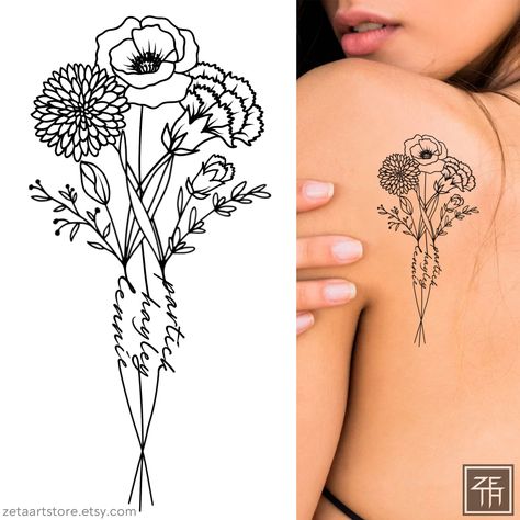 Three Name Tattoo Ideas, Flower Bouquet Tattoo Design, Family Tattoo Design, Bouquet Tattoo Design, Birth Month Flowers Tattoo, Birth Flower Bouquet Tattoo, Tattoos That Mean Something, Flowers Tattoo Design, Tattoos For Moms With Kids