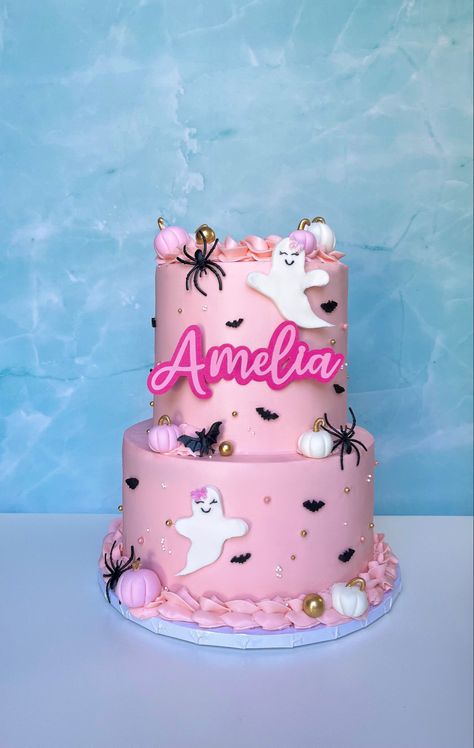 Happy Booday Cake, Spooky One Cake Ideas, Spooky 1st Birthday Cake, Two Spooky 2nd Birthday Party Cake, Our Little Boo Is Turning Two Cake, Happy Boo Day Birthday Cake, Pink Halloween Cake Ideas, Girl Halloween Birthday Cake, Ghost Baby Shower Cake