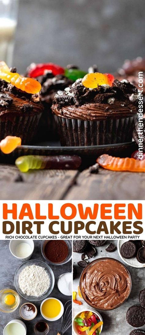 Halloween Dirt Cupcakes are rich chocolate cupcakes topped with Oreo crumbs and gummy worms to look like dirt. A fun and easy October treat! Dirt Cupcakes With Worms, Halloween Dirt, Dirt Cupcakes, October Treats, Backyard Carnival, Holiday Cupcakes, Gummy Worms, Muffin Tray, Box Cake Mix