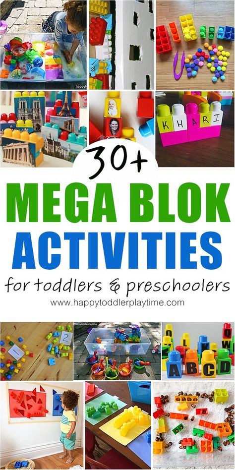 30 amazing and super easy learning activities and fun ideas to keep toddlers and preschoolers busy indoors using Mega Bloks! Block Activities, Easy Learning Activities, Fun Indoor Activities, Fun Brain, Kindergarten Learning Activities, Mega Bloks, Toddlers And Preschoolers, Indoor Activities For Kids, Tot School