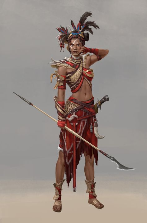 Fantasy Tribe Clothes, Ancient Egyptian Character Design, African Tribe Character Design, Jungle Warrior Woman, Sun Eater, African Warrior Concept Art, Jungle Tribe Fantasy Art, Female Barbarian, Jungle Warriors