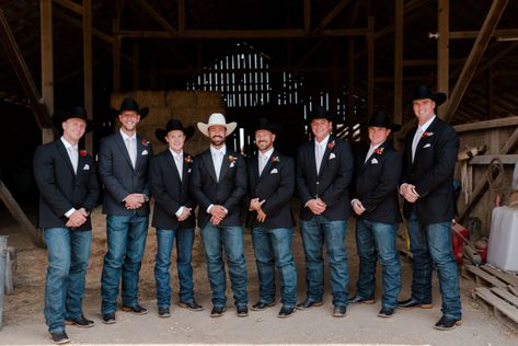 Country Style Wedding Mens Attire, Cowboy Wedding Groomsmen, Groomsmen Attire Cowboy, Jeans At Wedding, Groomsmen Country Attire, Jean Wedding, Cowboy Groomsmen Attire, Groom Country Wedding Attire, Black Bridesmaid Dresses With Groomsmen In Jeans