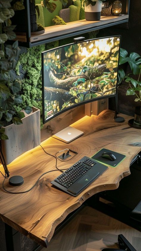 Gaming Setup Plants, Green Office Design, Lasercut Ideas, Diy Office Desk, Gaming Setup Ideas, Home Music Rooms, Shed Office, Cozy Desk, Computer Desk Setup