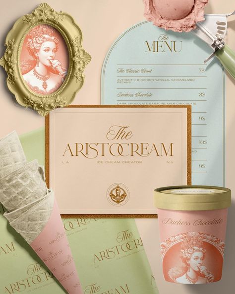 Pastry Shop Branding, Ethereal Branding, Brand Aesthetic Inspiration, Ice Cream Branding Design, Ice Cream Shop Branding, Dreamy Branding, Dessert Branding, Vintage Branding Design, Elegant Packaging Design