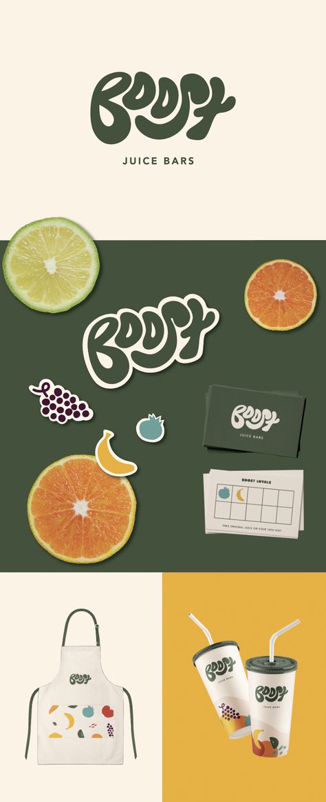 A hypothetical rebrand for boost juice. A playful, fun and gram-worthy vibe that expresses health with a splash of YUM. I had SO MUCH fun creating this rebrand! Swipe to see packaging design, loyalty cards + stickers, apron design, menu design and social media designs. I’d love to hear what you think! Let me know in the comments. Juice Design Ideas, Play Card Design, Playful Packaging Design, Juice Branding Design, Grocery Branding, Bar Branding Design, Playful Graphic Design, Health Branding, Branding Stickers