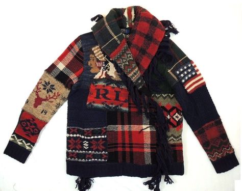 Polo Ralph Lauren Indian Head Chief Flag Patchwork Sweater Cardigan Jacket XS S | eBay Mens Knitted Cardigan, Ralph Lauren Jumper, Double Rl, Mens Fashion Illustration, Patchwork Sweater, Fair Isles, Heavy Jacket, Winter Pullover, Indian Head