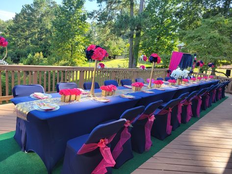 Navy And Fuchsia Wedding, Fuschia And Navy Blue Wedding, Navy Blue And Fuschia Wedding Decorations, Navy And Hot Pink Birthday Party, Hot Pink And Royal Blue Wedding, Navy Blue Hot Pink Wedding, Muslim Wedding Decorations, Navy Blue Party, Fuschia Wedding