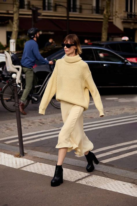 The 7 Chicest Street Style Trends From Paris Fashion Week | Who What Wear UK Paris Fashion Week 2023, Fashion Week 2023, Beige Coat, Paris Fashion Week Street Style, Silky Dress, Street Style Trends, Shades Of Beige, Cotton Poplin Shirt, Silk Midi Dress