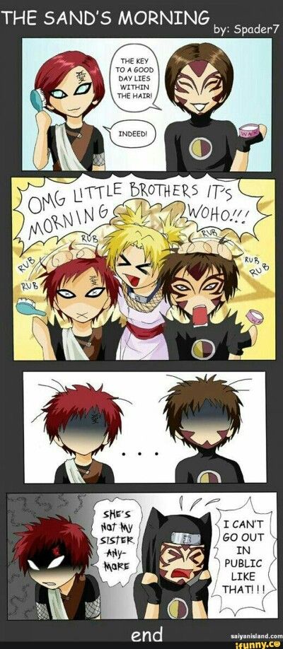 Gaara, Kankuro, Temari, n sand Siblings, funny, hair, comic, text; Naruto Naruto Mignon, Sand Siblings, Funny Naruto Memes, Photo Naruto, Funny Naruto, Naruto Gaara, Naruto Comic, Manga Naruto, Naruto Cute