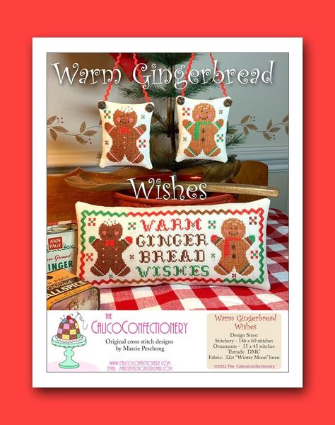 WARM GINGERBREAD WISHES cross stitch pattern CalicoConfectionery Christmas Bakin 2 Baking Ornaments, Gingerbread Cross Stitch, Cross Stitch Ornaments, Santa Cross Stitch, Cute Ginger, Winter Moon, Rick Rack, Cross Stitch Patterns Christmas, Christmas Cross