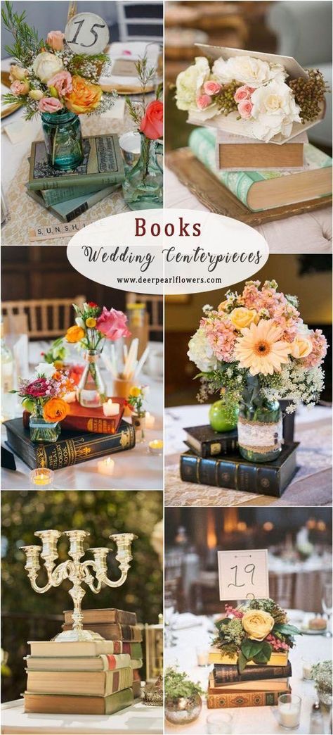 Centerpieces With Books, Vintage Wedding Centerpieces Pearls, Vintage Book Centerpiece, Book Wedding Centerpieces, Bohemian Centerpieces, Wedding Centerpiece Ideas, Vintage Wedding Centerpieces, Vintage Birdcage, Book Centerpieces