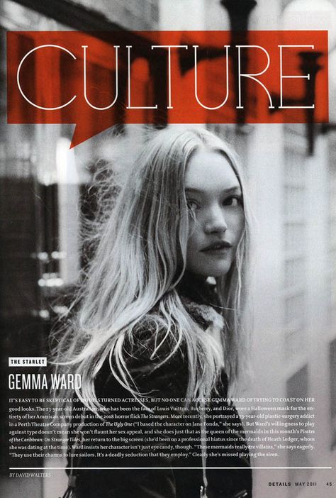 After snapping Gemma Ward’s photo for a recent Harper’s Bazaar Australia feature, Peter Ash Lee captures the Aussie beauty for the latest issue of Details where she talks to the men’s magazine about her work in The Pirates of the Caribbean: On Stranger Tides. Fashion Magazine Layout, Details Magazine, Gemma Ward, Polish Poster, Yearbook Design, Editing Ideas, Magazine Layout Design, Design Editorial, Publication Design