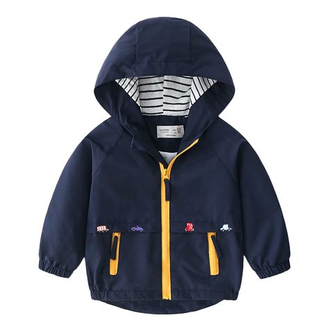 PRICES MAY VARY. Polyester with cotton lining Imported Cotton lining Zipper closure Machine Wash Fabric:Boys spring lightweight hooded jacket is made of polyester with cotton lining Features:Baby boys navy spring windbreaker is navy with lightening yellow, zipper front closure and elasticated cuffs, two pockets for things storage. Design:Straight casual style and a comfortable loose fit ensure a cozy outfit for kids. Boys cute jackets can be matched with different bottoms and also be well with l Autumn Coats, Rainy Spring, Baby Outerwear, Neue Outfits, Kids Coats, Fall Coat, Belanja Online, Mini Cars, Summer Fabrics