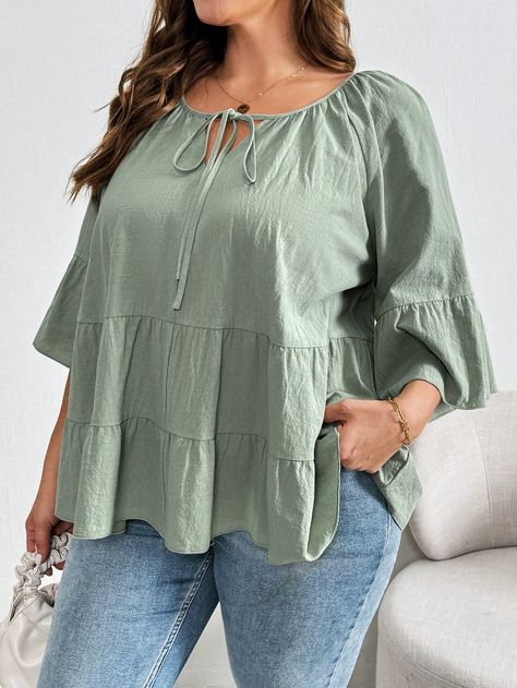 Army Green Cute Collar Three Quarter Length Sleeve Woven Fabric Plain Peplum Embellished Non-Stretch  Women Plus Clothing White Maxi Dress Casual, Simple Linen Top, Tops For Plus Size Women, Shabby Chic Outfits, Plus Size Peplum Top, Black Blouse Designs, Western Dresses For Women, Plus Size Peplum, Shabby Chic Clothes