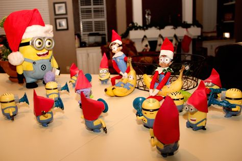 Elf on Shelf - Nuts and Candy - The minions (disguised as elves) have arrived, and they want their bananas! The elves (previously minion-ized) won't give them up. Yikes! Elf Idea, Elf Shenanigans, Elf Ideas Easy, Elf On Shelf, Minion Banana, The Minions, Elf Activities, Elf Antics, Christmas Tradition