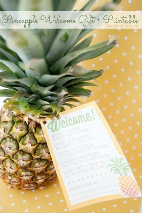 Welcome to the neighborhood gift idea and printable with Pineapple!  Capturing-Joy.com Welcome To The Neighborhood Gift, Neighborhood Ideas, New Neighbor Gifts, Pineapple Crafts, Neighborhood Gifts, Welcome To The Neighborhood, Pineapple Gifts, Fresh Pineapple, Gift Printable